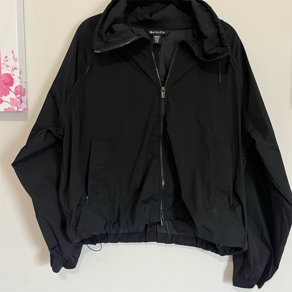 Athleta‎ Windbreaker Jacket Womens Size S Black Hooded Full Zip Lightweight